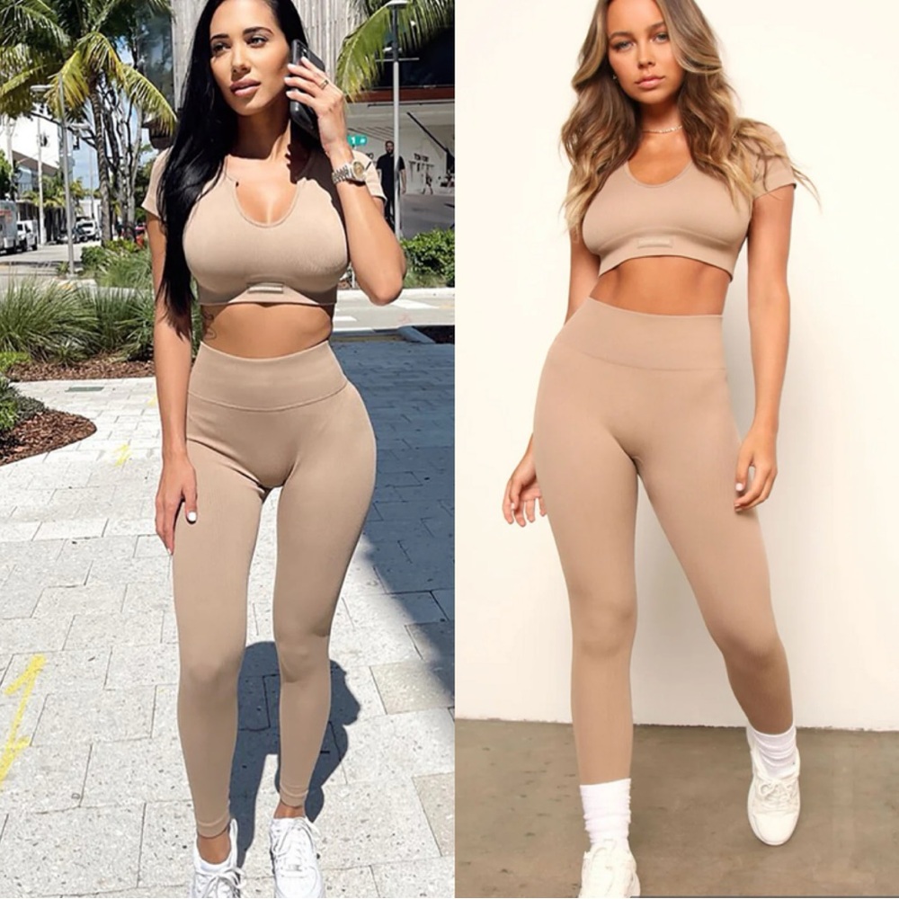 Mocha seamless ribbed active crop top and leggings set - XS